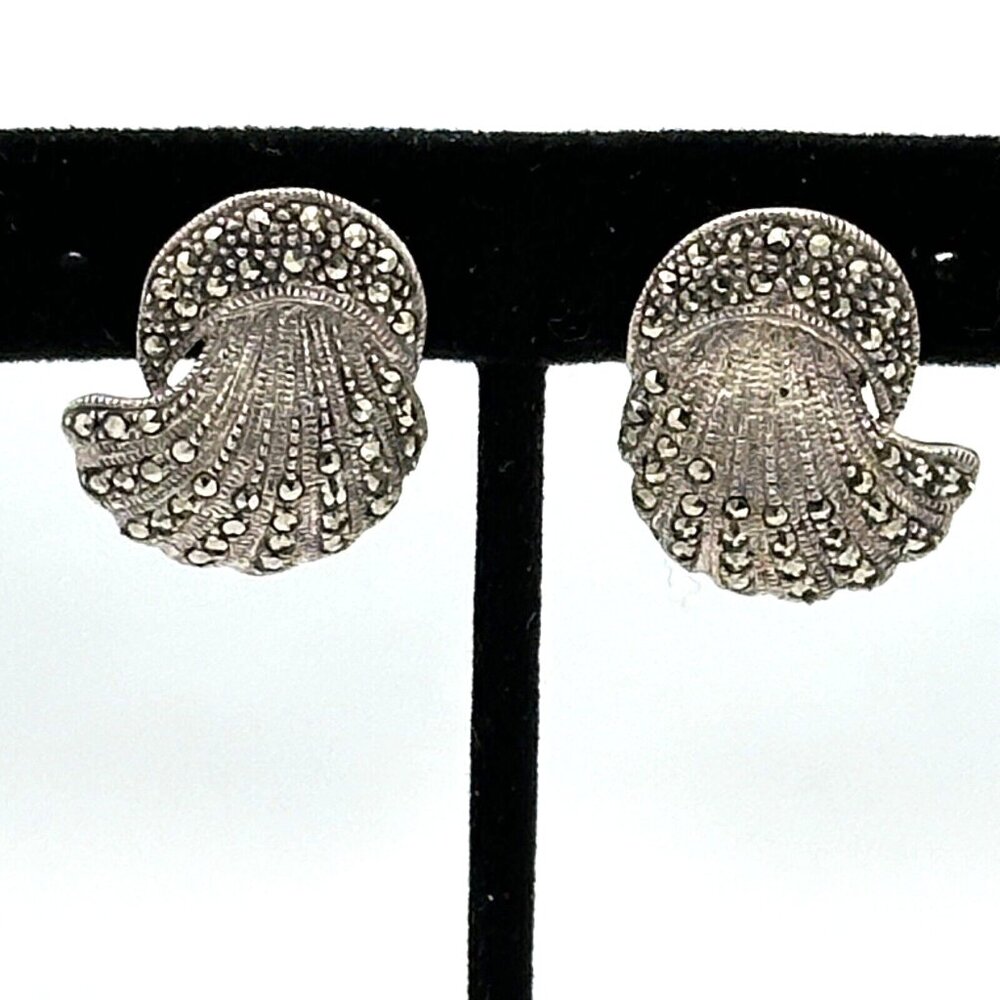 CHARLES WINSTON sterling silver marcasite jellyfish earring - Art Deco style fan